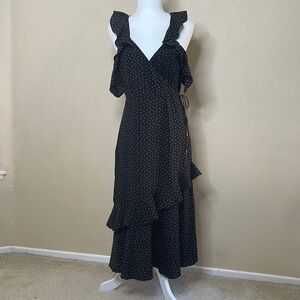 SAYLOR Black Beige Polka Dot V Neck Ruffle Sleeveless Midi Dress Size Medium